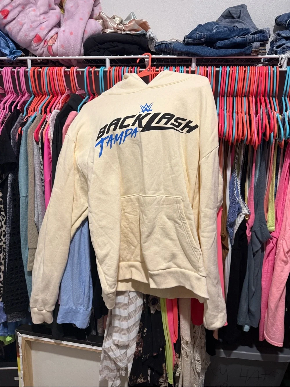 WWE Cream Backlash 2026 Tampa Hoodie with Blue Palm Graphic